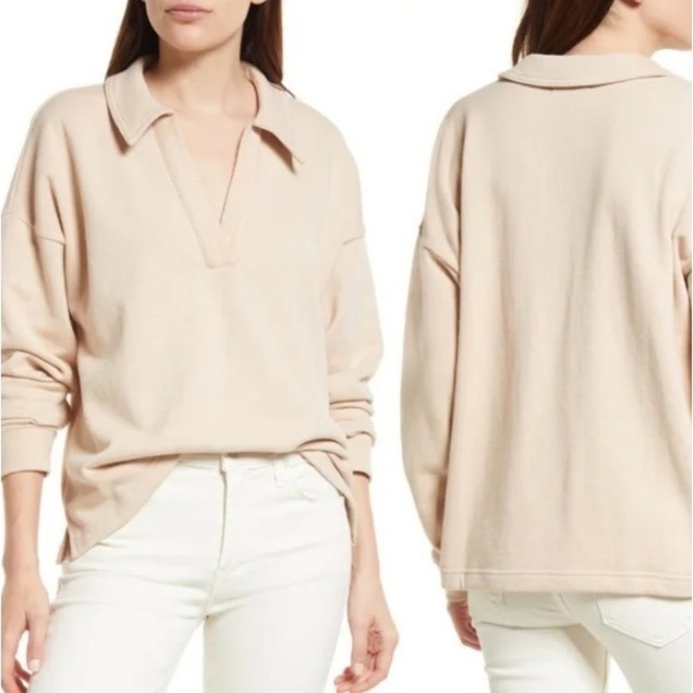 MADEWELL Cotton-Hemp Oversized Polo Sweatshirt‎ in Avalon Pink XXS